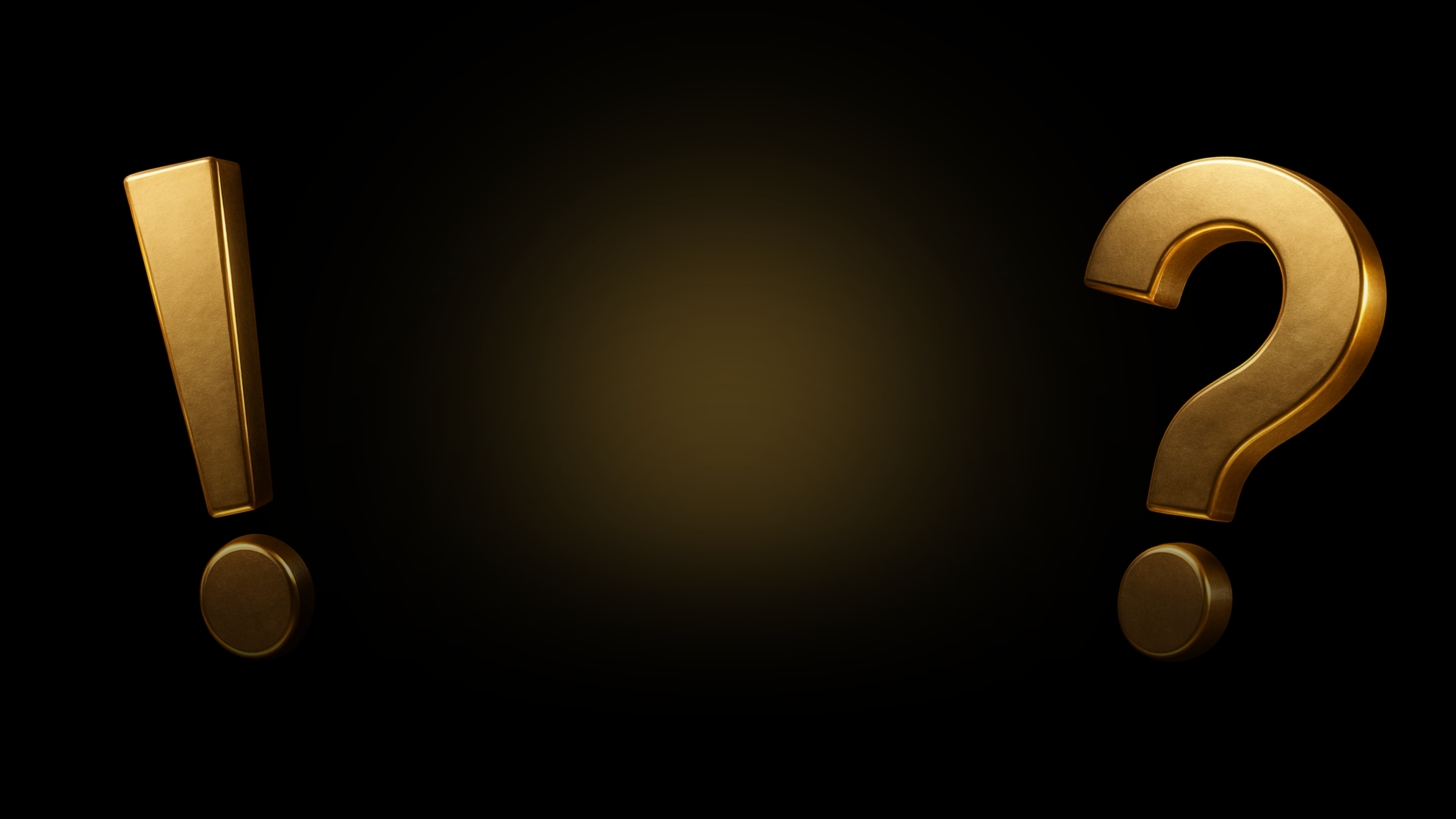 A lit desk at night with two gold punctuation marks above it