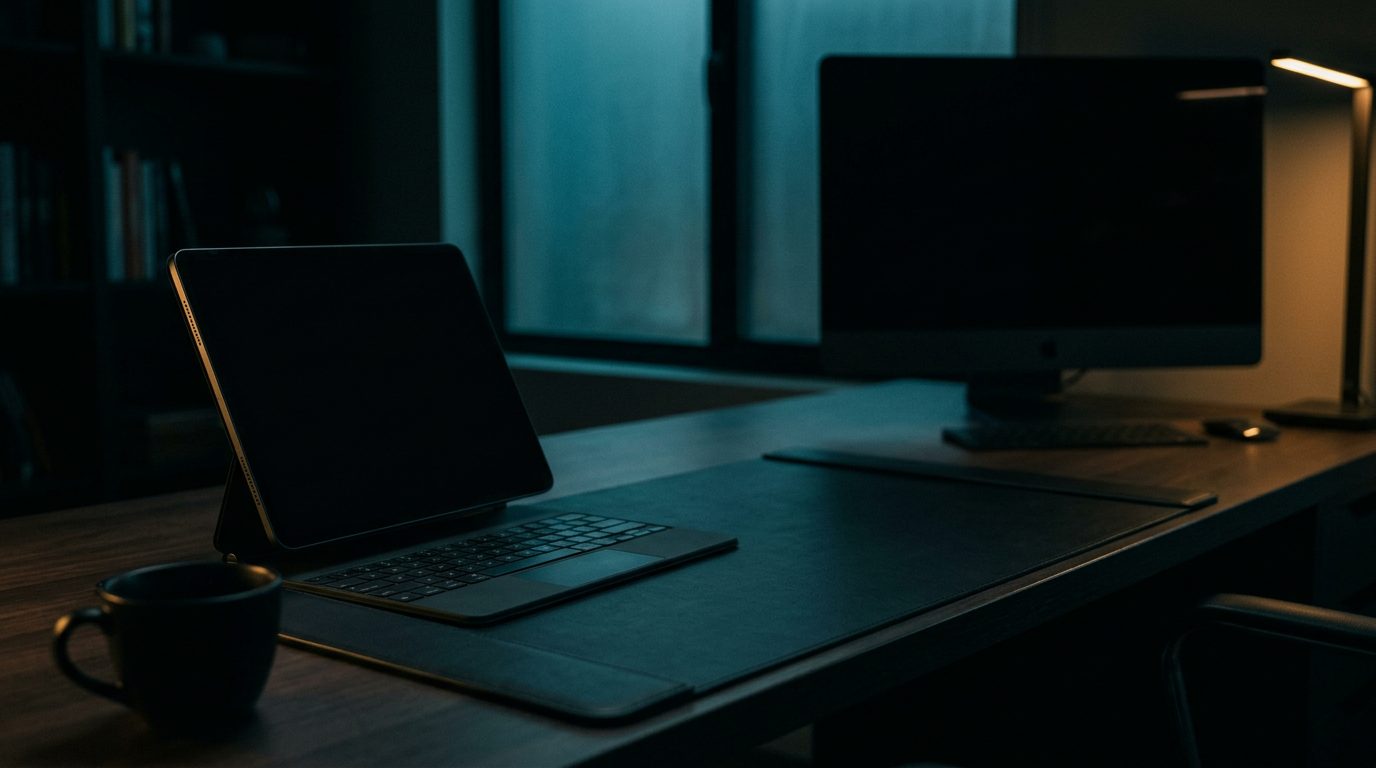 A tablet and a monitor on a desk in a dark studio at night